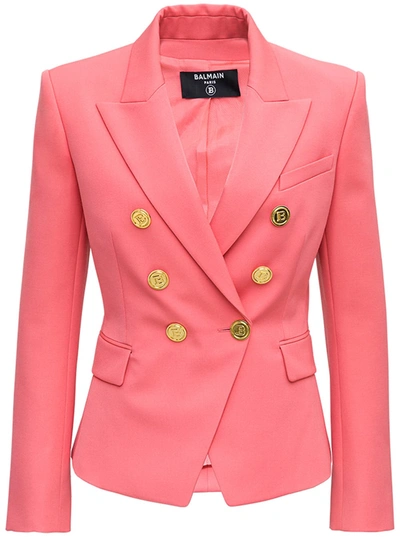 Shop Balmain Double-breasted Pink Wool Blazer