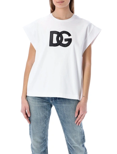 Shop Dolce & Gabbana Dolce&amp;gabbana Interlock T-shirt With Satin Dg Patch In White