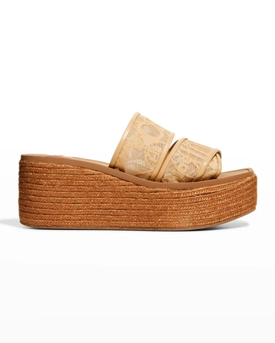 Shop Chloé Woody Lace Logo Wedge Espadrilles In Biscotti Beige