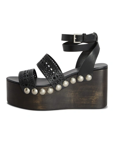 Shop Alaïa 85mm Wooden-heel Wedge Sandals With Vienne Leather Straps And Studs In 999 Noir