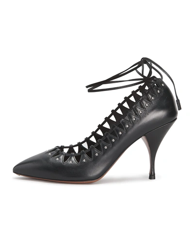 Shop Alaïa 90mm Calf Leather Pumps With Studs And Ankle Wrap Tie In 999 Noir