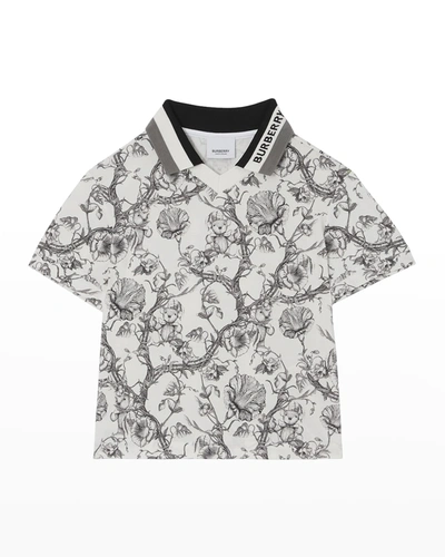 Shop Burberry Boy's Etched Bear & Floral Logo Polo Shirt In Blackwhite Ip Pat