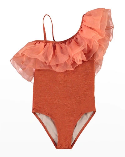 Shop Molo Girl's Nilla Chiffon Ruffle One-piece Swimsuit In Rusty