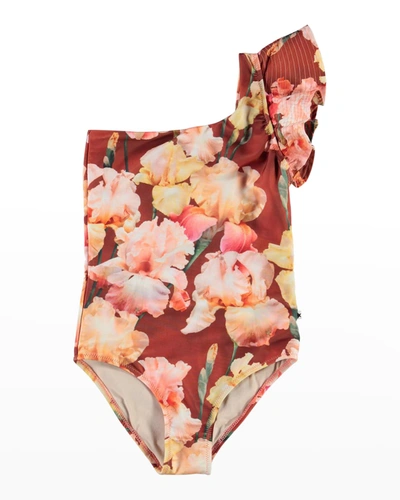 Shop Molo Girl's Nitt Floral-print One-shoulder Swimsuit In Iris