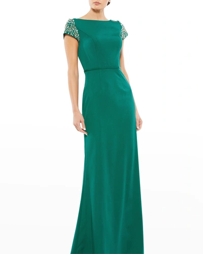 Shop Mac Duggal Bateau-neck Embellished Cap-sleeve Gown In Emerald