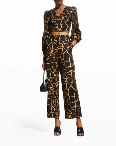 Shop Milly Marlowe Giraffe-print Linen Pants In Black Multi