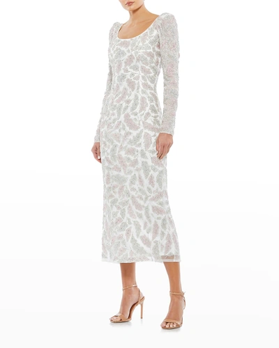 Shop Mac Duggal Long-sleeve Beaded Midi Sheath Dress In Ivory