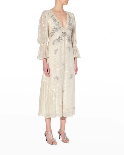 Shop Erdem Eva Crystal Beaded Sequin Midi Dress In Ivory