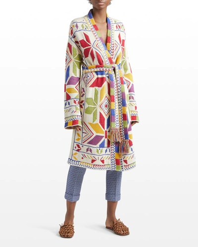 Shop Etro Belted Geometric Silk-linen Sweater Coat In Multi