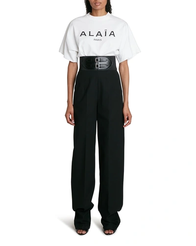 Shop Alaïa Wide-leg Canvas Trousers W/ Wide Belt In Noir