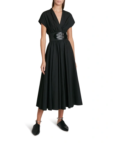 Shop Alaïa Poplin V-neck Midi Dress In Noir