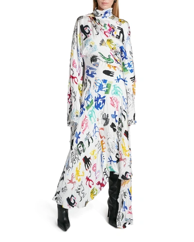 Shop Balenciaga Doodle-print Twisted Drape Midi Dress In Bianco