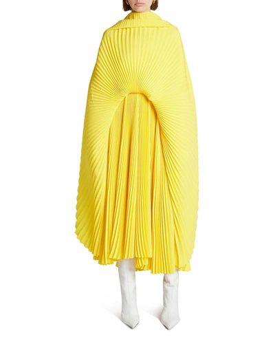 Shop Balenciaga Pleated Drape Crepe Midi Dress In Yellow