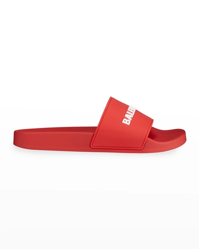 Shop Balenciaga Men's Logo Pool Slide Sandals In Nero Rouge