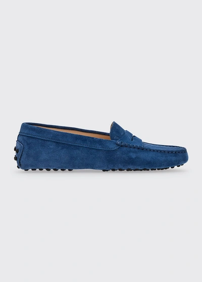 Shop Tod's Gommini Suede Driver Penny Loafers In Blue