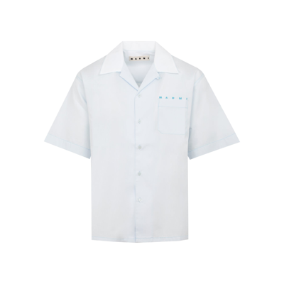 Shop Marni Logo Printed Short Sleeved Bowling Shirt In Blue