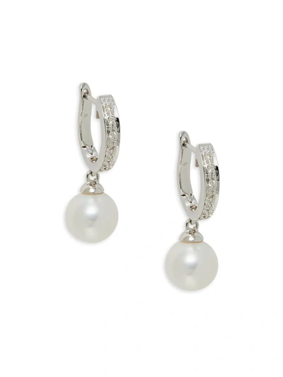 Shop Belpearl Women's 14k White Gold, Diamond & 9mm Cultured Freshwater Pearl Hoop Drop Earrings