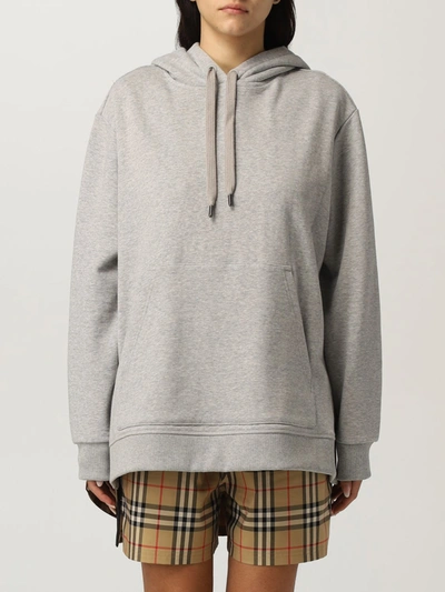 Shop Burberry Oversize Cotton Hoodie With Tartan Detail In Grey