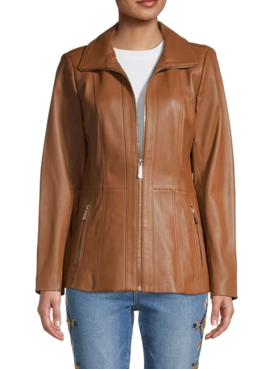 Shop Michael Michael Kors Women's Missy Leather Jacket In Luggage