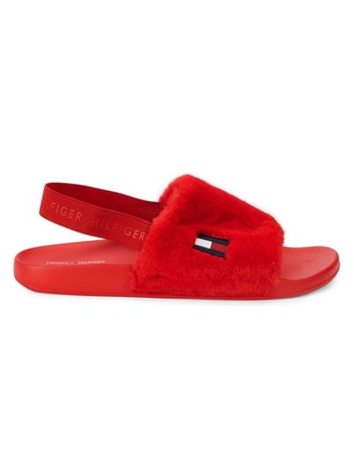Shop Tommy Hilfiger Women's Twhahna Faux Fur Logo Slingback Sandals In Medium Red