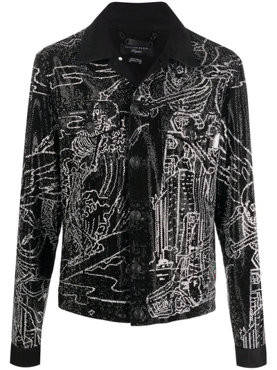 Shop Philipp Plein Skeleton-tattoo Print Denim Jacket In Black