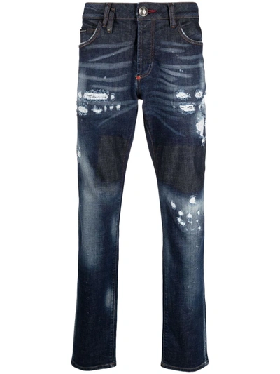 Shop Philipp Plein Super Straight Bandana-print Jeans In Blue