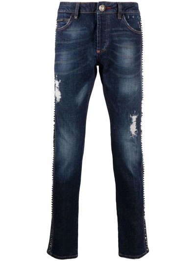 Shop Philipp Plein Distressed Straight-leg Jeans In Blue