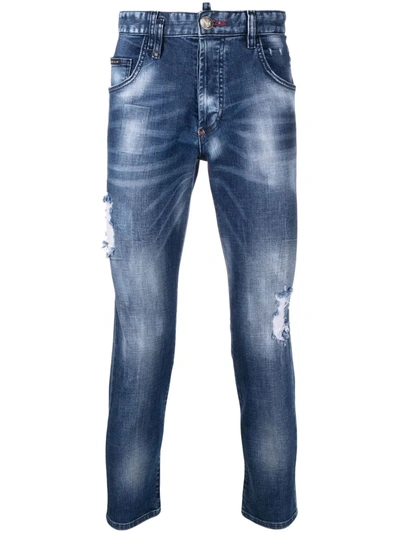 Shop Philipp Plein Ripped-detailed Skinny Jeans In Blue