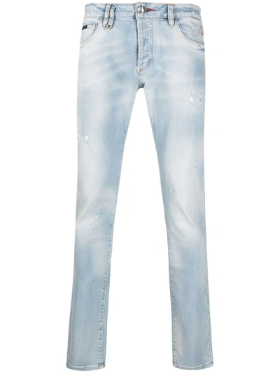 Shop Philipp Plein Destroyed Straight-cut Jeans In Blue