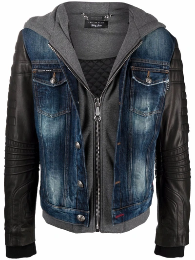 Philipp Plein Contrast-sleeves Hooded Denim Jacket In Blue | ModeSens