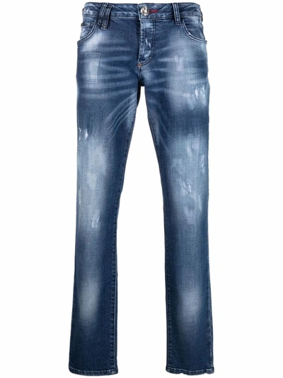 Shop Philipp Plein Destroyed Straight-cut Jeans In Blue