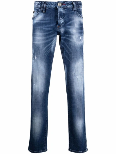 Shop Philipp Plein Supreme Destroyed Low-rise Straight Jeans In Blue
