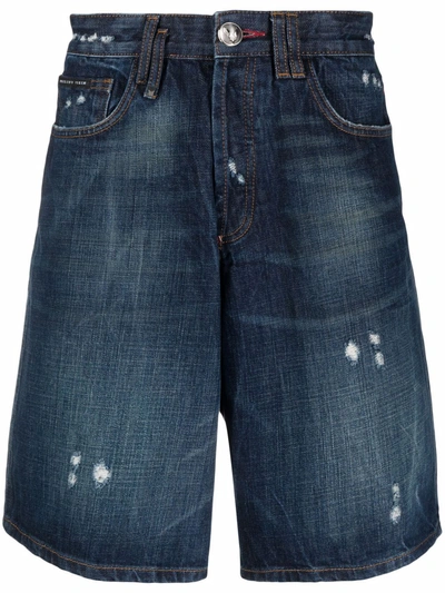 Shop Philipp Plein Distressed-effect Denim Shorts In Blue