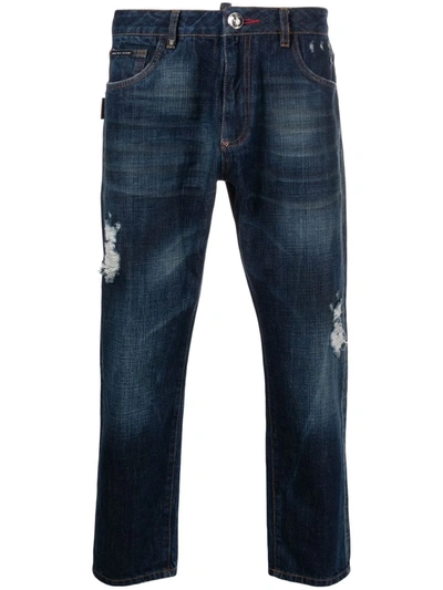 Shop Philipp Plein Distressed-effect Cropped Jeans In Blue