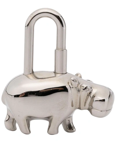 Pre-owned Hermes 2005  Hippopotamus Cadena Padlock Bag Charm In Silver