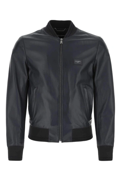 Shop Dolce & Gabbana Leather Bomber Jacket In Blue