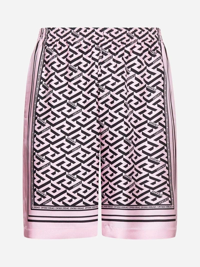 Shop Versace La Greca Print Silk Shorts