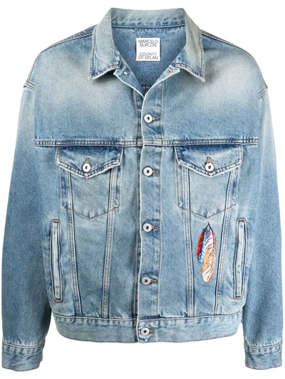 Shop Marcelo Burlon County Of Milan Embroidered Feathers Denim Jacket In Blue