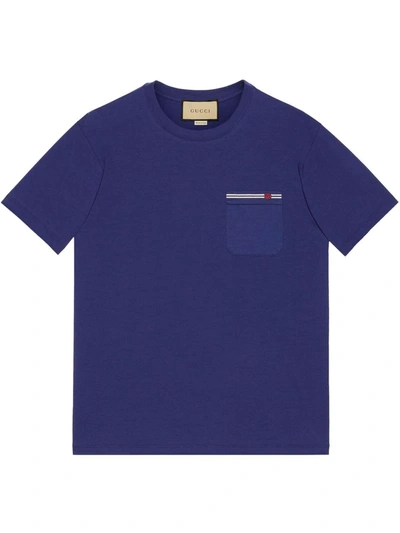 Shop Gucci Embroidered Pocket Cotton T-shirt In Blue