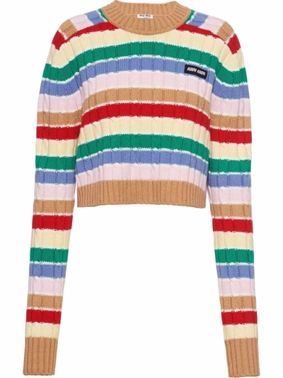 Shop Miu Miu Boxy Striped Cashmere Jumper In Neutrals