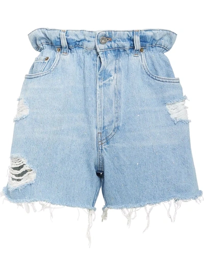 Shop Miu Miu Distressed-effect Paperbag-waist Denim Shorts In Blue