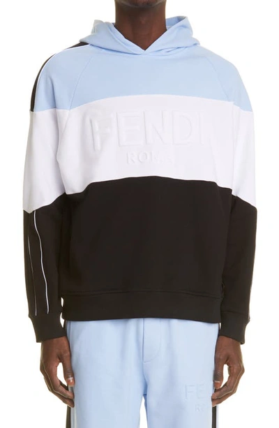 Shop Fendi Piping Colorblock Cotton Hoodie In Black White Light Blue