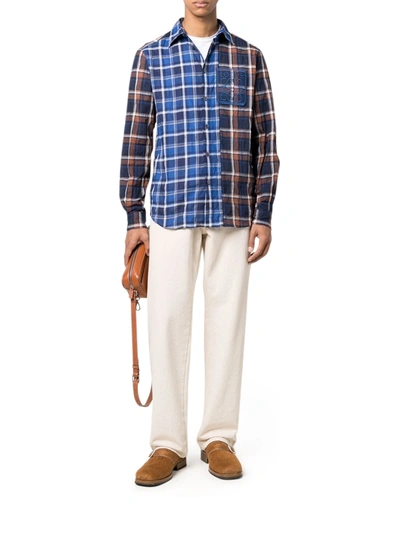Shop Loewe Checked Shirt With Embroidery In Blue