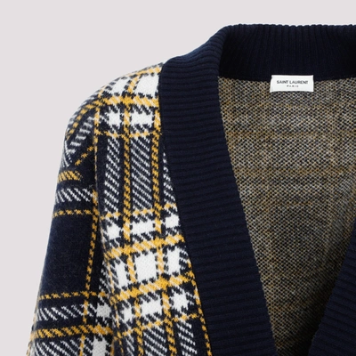 Shop Saint Laurent Wool Tartan Cardigan Sweater In Blue