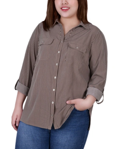 Shop Ny Collection Plus Size 3/4 Sleeve Roll Tab Notch Collar Blouse Top In Coffee Bean/doeskin Torterella