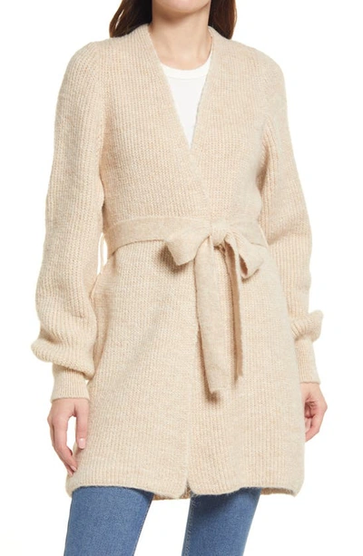 Shop Topshop Belted Blouson Sleeve Cardigan In Stone