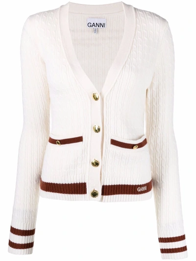 Shop Ganni Embroidered Logo Knitted Cardigan In Neutrals