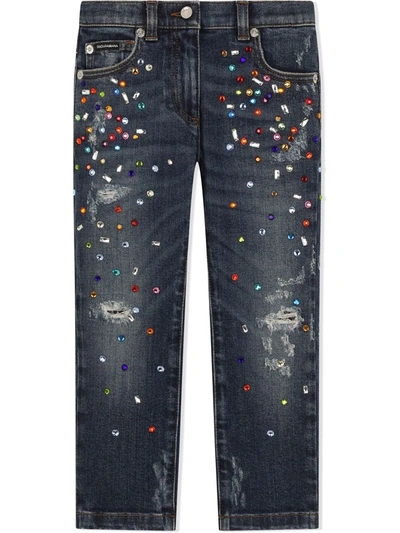 Shop Dolce & Gabbana Bead-embellished Distressed Jeans In Blue
