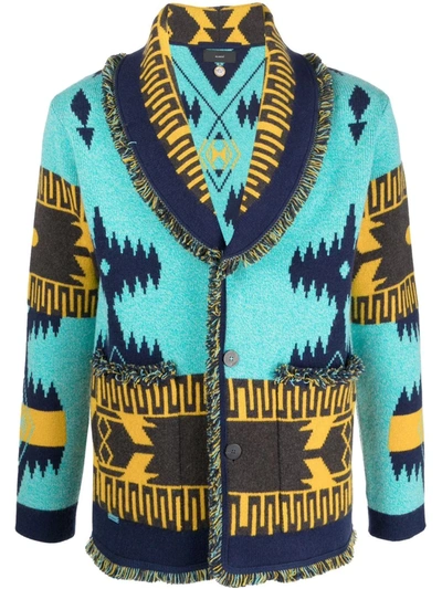 Shop Alanui Shawl-lapel Intarsia-knit Cardigan In Blau