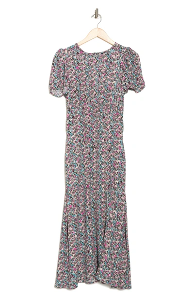 Shop Afrm Jamie Print Open Back Short Sleeve Dress In Aqua Berry Ditsy